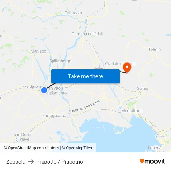 Zoppola to Prepotto / Prapotno map