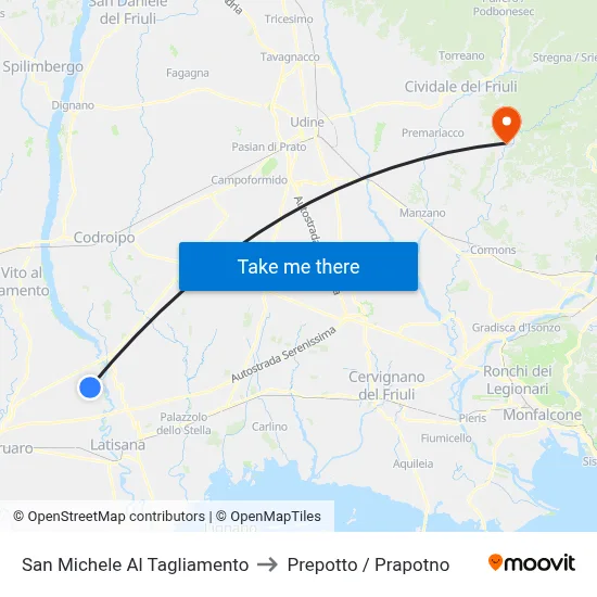 San Michele Al Tagliamento to Prepotto / Prapotno map