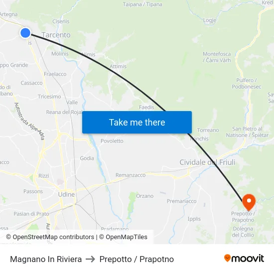 Magnano In Riviera to Prepotto / Prapotno map