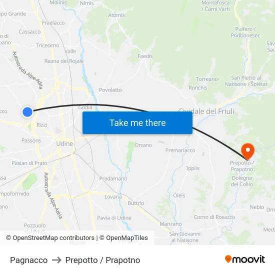 Pagnacco to Prepotto / Prapotno map