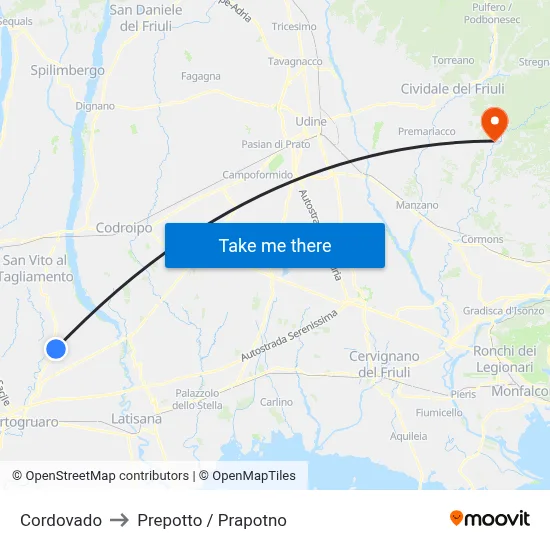 Cordovado to Prepotto / Prapotno map