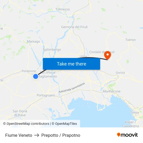 Fiume Veneto to Prepotto / Prapotno map