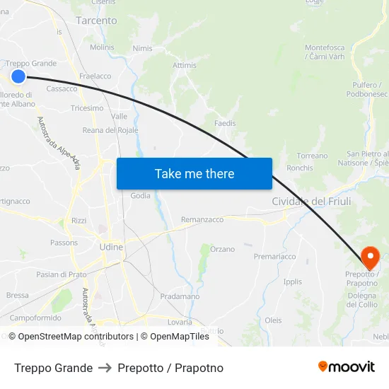 Treppo Grande to Prepotto / Prapotno map