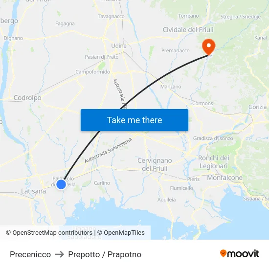 Precenicco to Prepotto / Prapotno map
