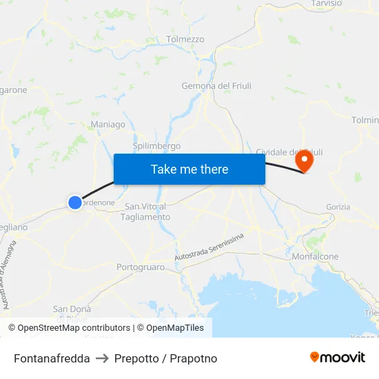 Fontanafredda to Prepotto / Prapotno map