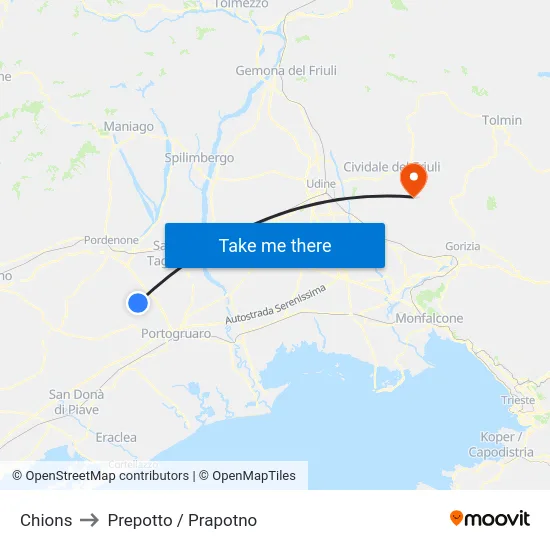 Chions to Prepotto / Prapotno map