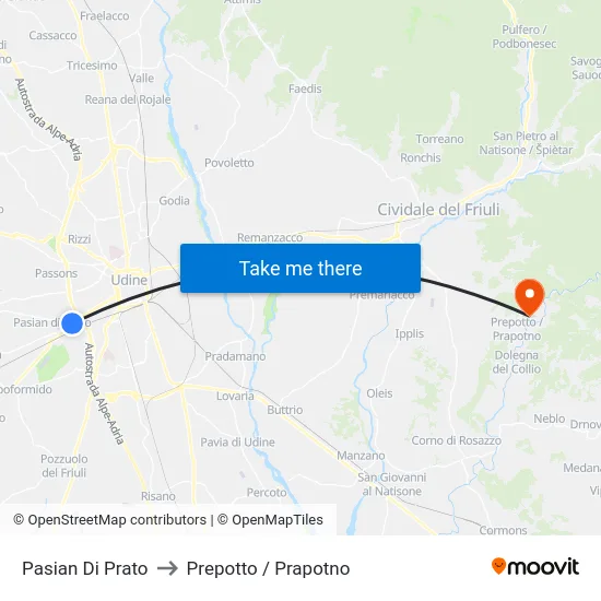 Pasian Di Prato to Prepotto / Prapotno map