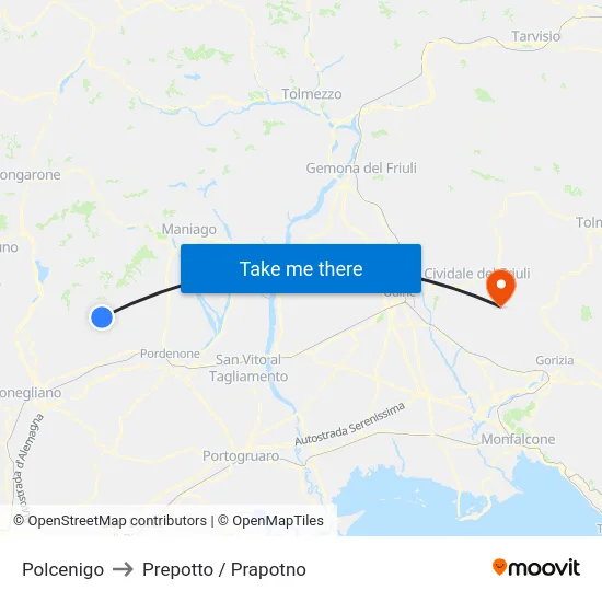 Polcenigo to Prepotto / Prapotno map