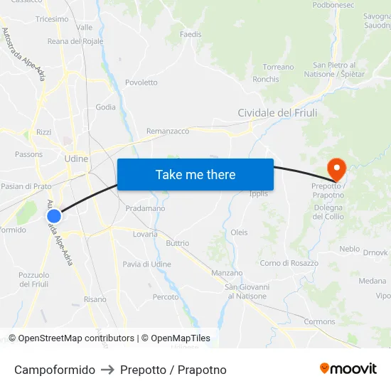Campoformido to Prepotto / Prapotno map