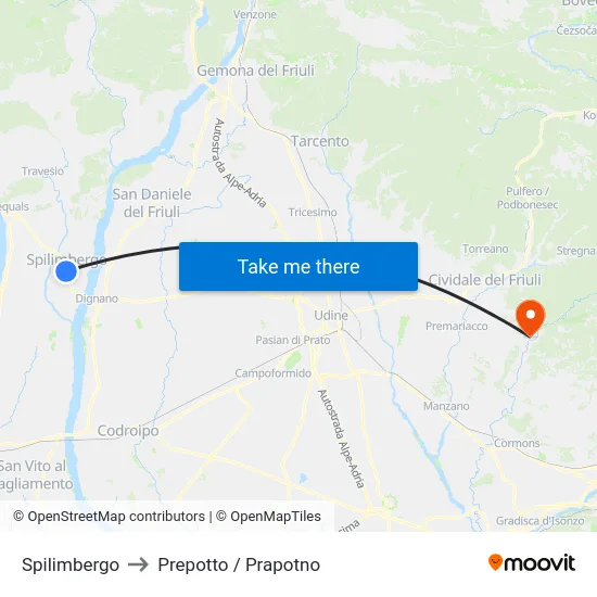 Spilimbergo to Prepotto / Prapotno map