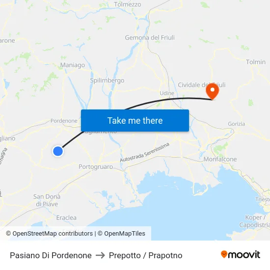 Pasiano Di Pordenone to Prepotto / Prapotno map