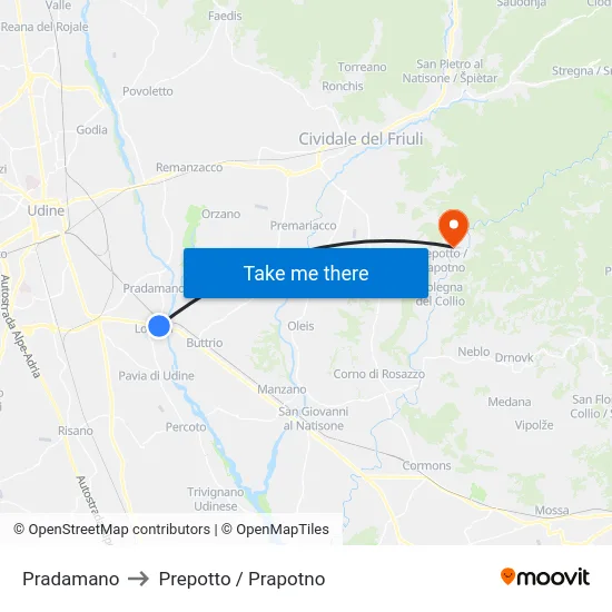 Pradamano to Prepotto / Prapotno map