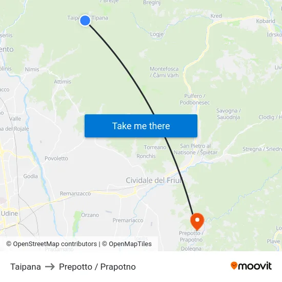Taipana to Prepotto / Prapotno map