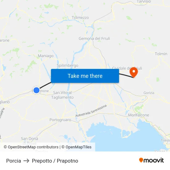 Porcia to Prepotto / Prapotno map