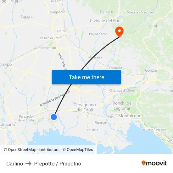 Carlino to Prepotto / Prapotno map