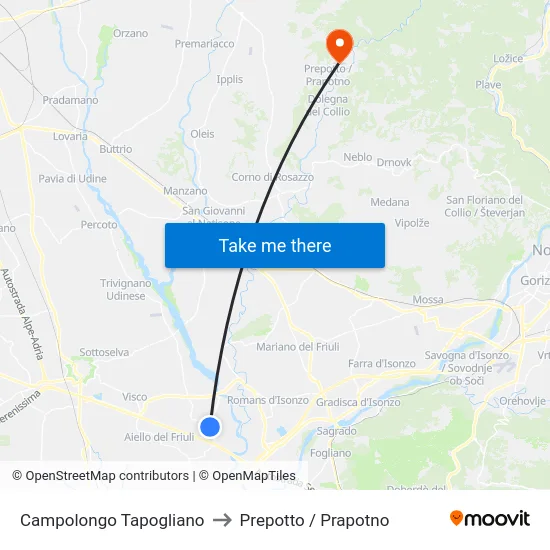 Campolongo Tapogliano to Prepotto / Prapotno map