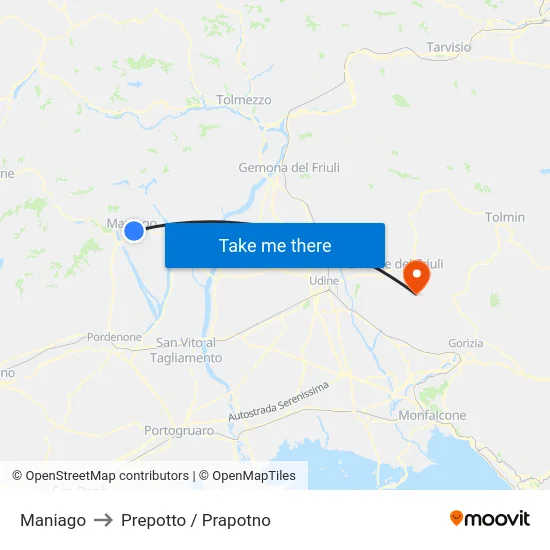 Maniago to Prepotto / Prapotno map