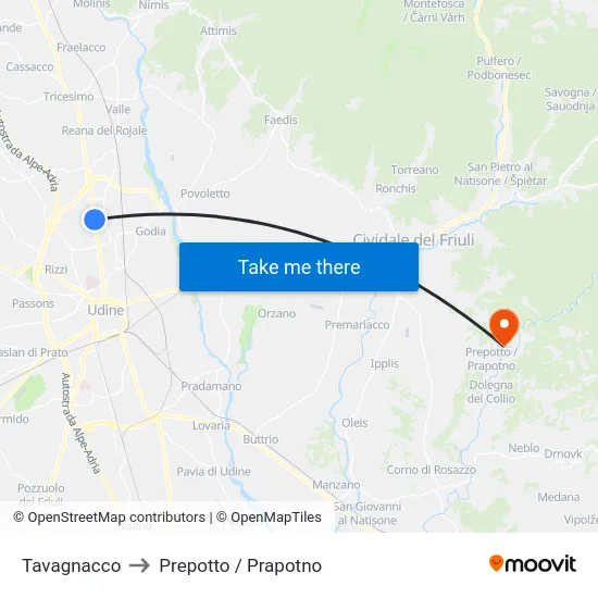 Tavagnacco to Prepotto / Prapotno map
