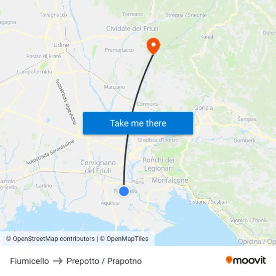 Fiumicello to Prepotto / Prapotno map