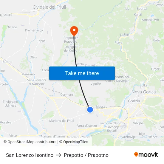 San Lorenzo Isontino to Prepotto / Prapotno map