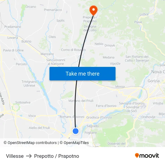 Villesse to Prepotto / Prapotno map
