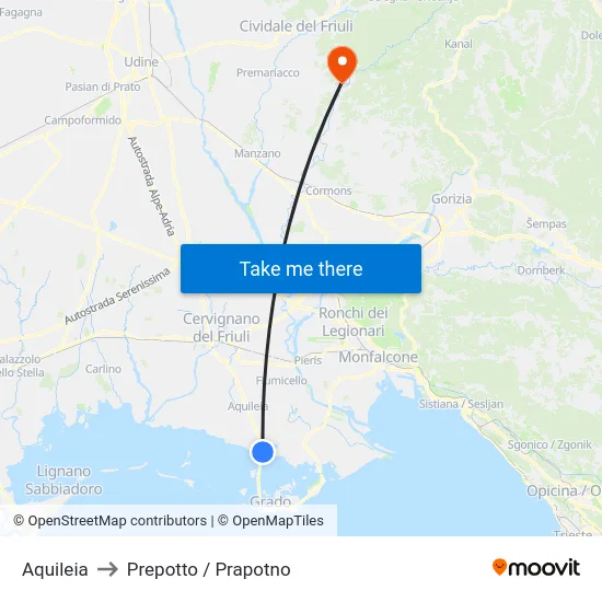 Aquileia to Prepotto / Prapotno map