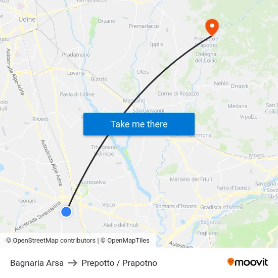 Bagnaria Arsa to Prepotto / Prapotno map