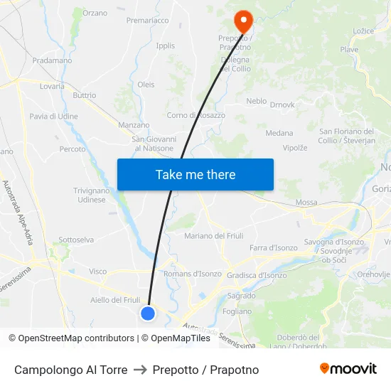 Campolongo Al Torre to Prepotto / Prapotno map