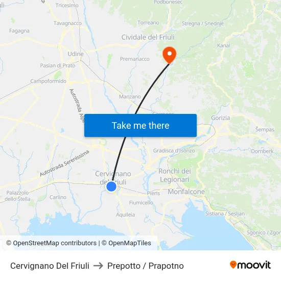 Cervignano Del Friuli to Prepotto / Prapotno map