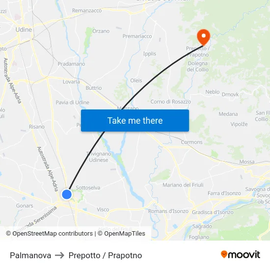 Palmanova to Prepotto / Prapotno map