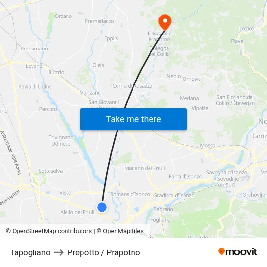 Tapogliano to Prepotto / Prapotno map