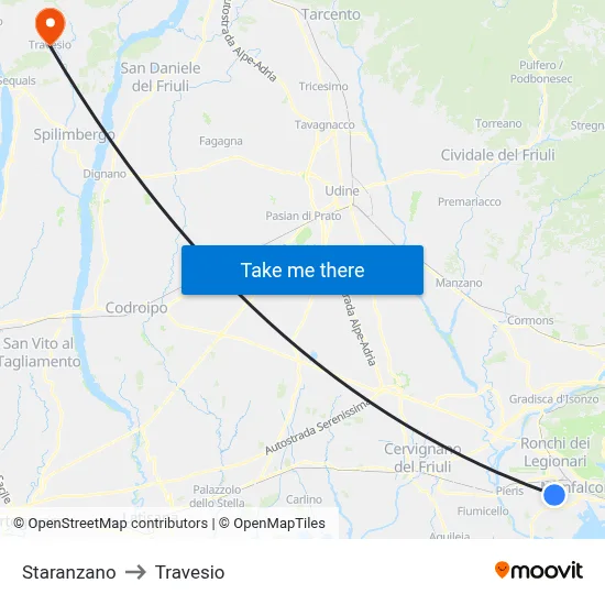 Staranzano to Travesio map