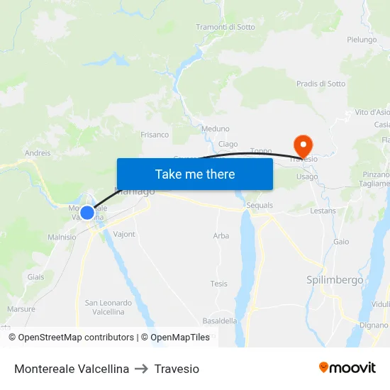 Montereale Valcellina to Travesio map
