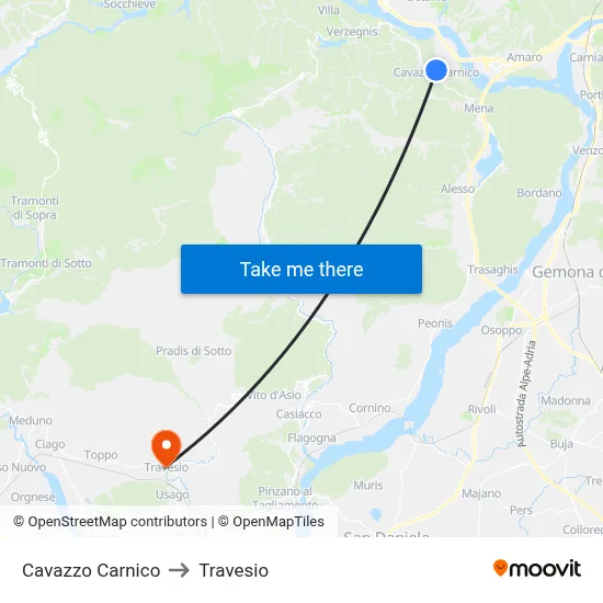 Cavazzo Carnico to Travesio map