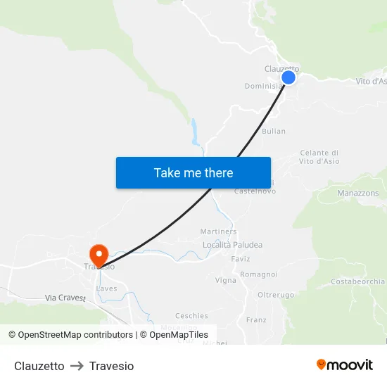 Clauzetto to Travesio map