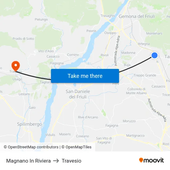 Magnano in Riviera to Travesio map