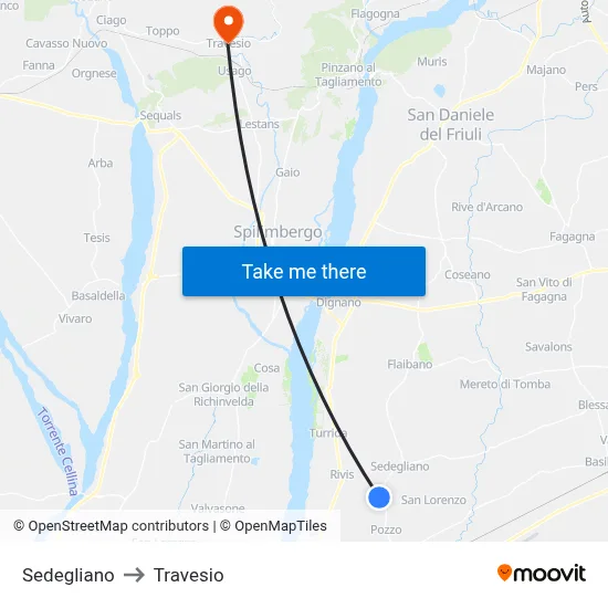 Sedegliano to Travesio map