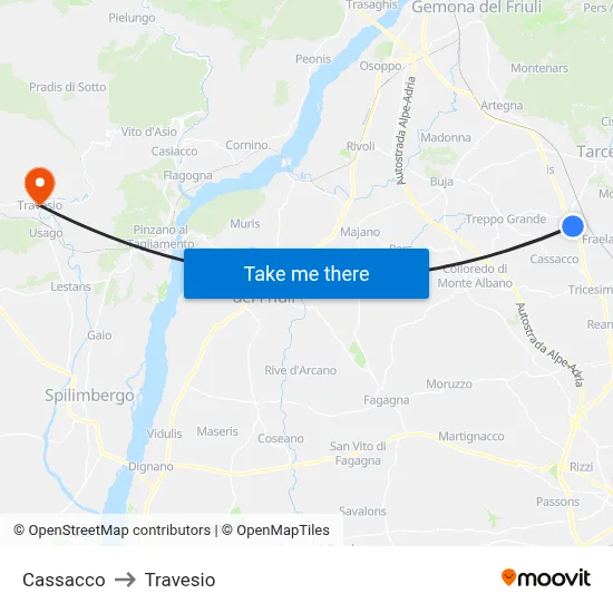 Cassacco to Travesio map
