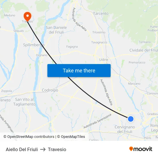 Aiello del Friuli to Travesio map