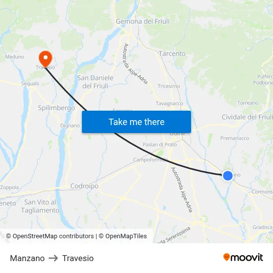 Manzano to Travesio map