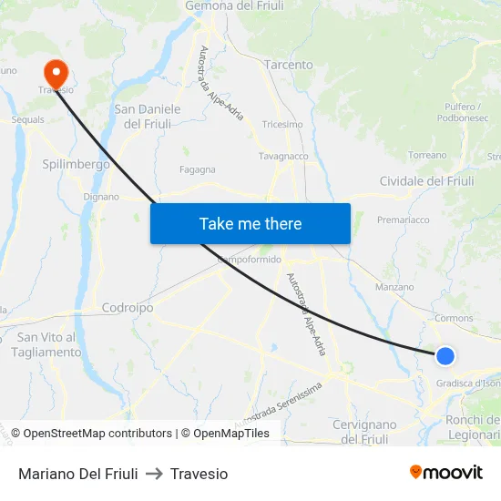 Mariano Del Friuli to Travesio map