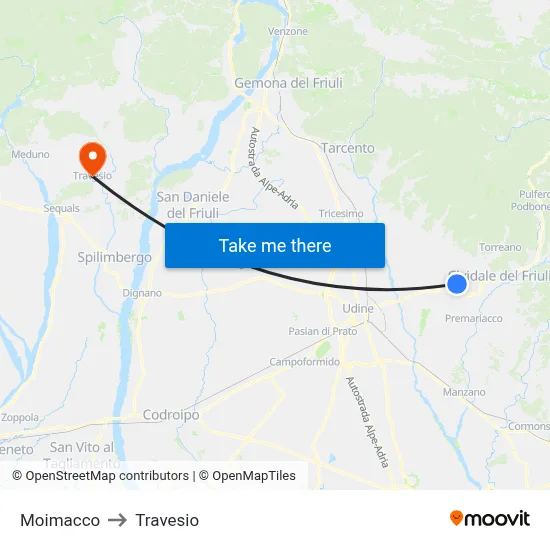 Moimacco to Travesio map