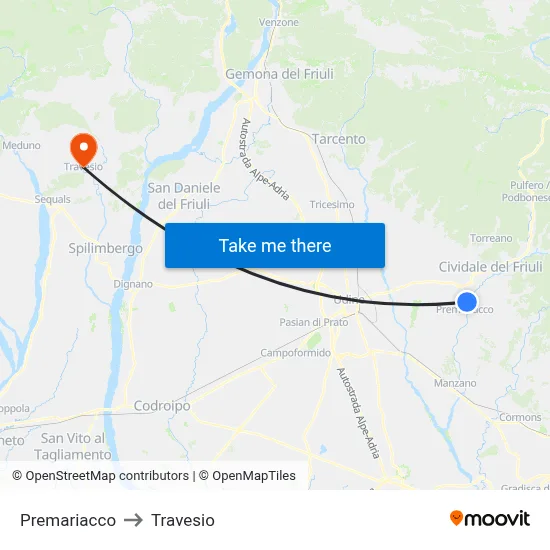 Premariacco to Travesio map