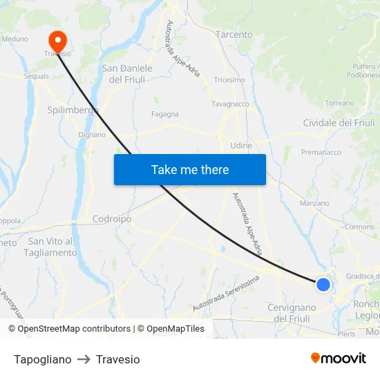 Tapogliano to Travesio map