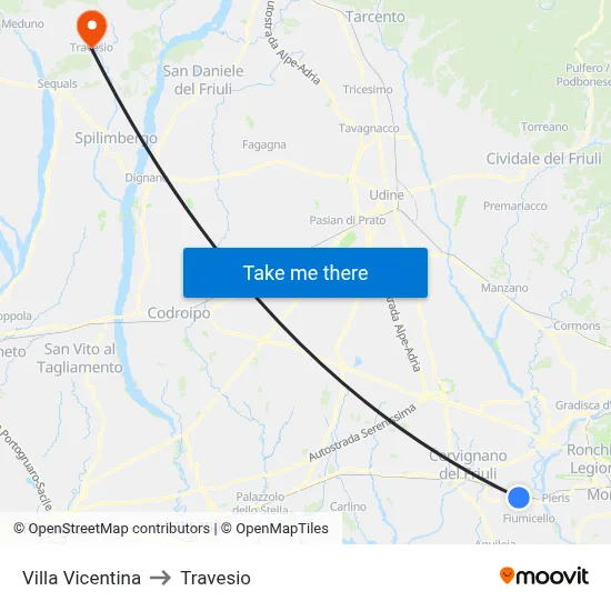 Villa Vicentina to Travesio map