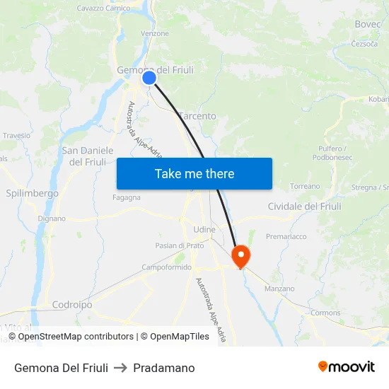 Gemona Del Friuli to Pradamano map