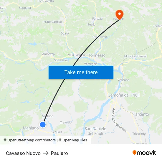 Cavasso Nuovo to Paularo map