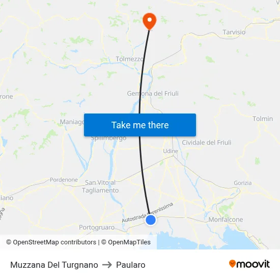 Muzzana del Turgnano to Paularo map
