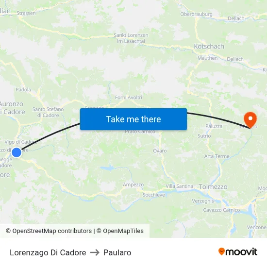 Lorenzago di Cadore to Paularo map