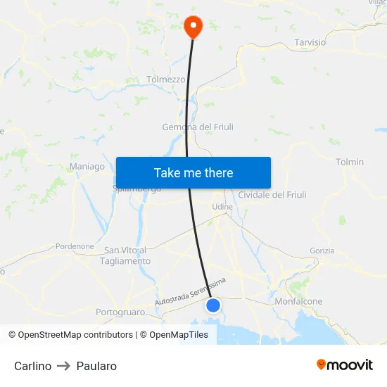 Carlino to Paularo map